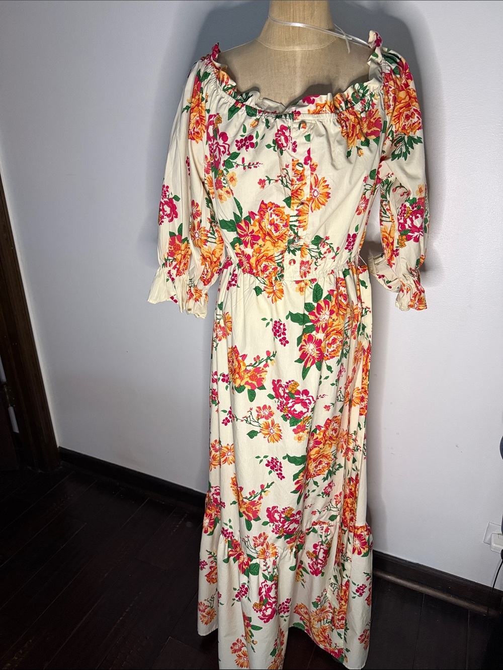 Floral Off-Shoulder Maxi Dress in Cream and Pink